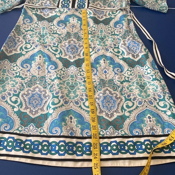 Phoebe Couture Blue & Green Silk Boho Short Sleeves Mini Dress size 8 - Picture 10 of 14